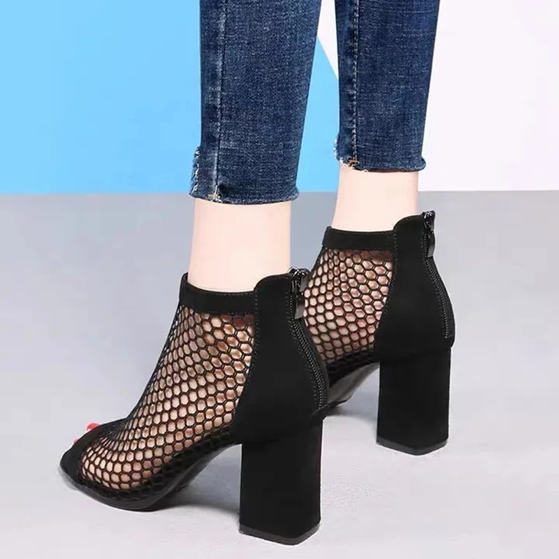 

2021 new arrival INS ladies fish mouth summer shoes high heels for women breathable mesh pumps woman black heel shoes
