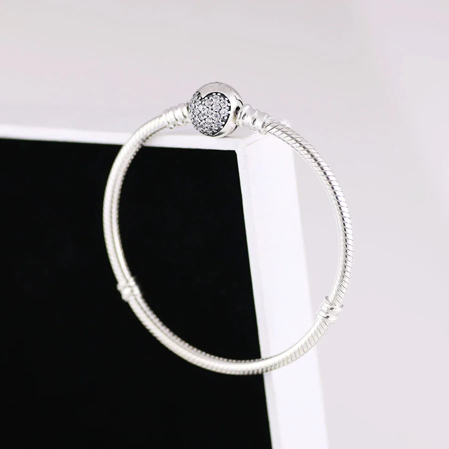 

Original 925 Sterling Silver Pan Bracelet Shiny Heart With Crystal Cz Pan Bracelet Fit European Charm Bracelets Women Jewelry