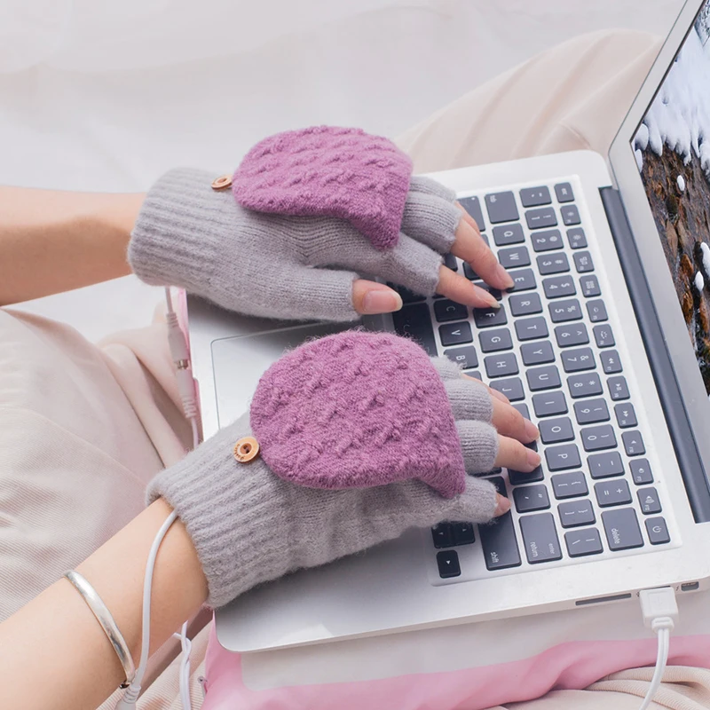 

USB Heated Gloves for Women Men Mitten Winter Warm Laptop Gloves Full And Halfs Hands Heated Fingerless Heating Knitting AC889