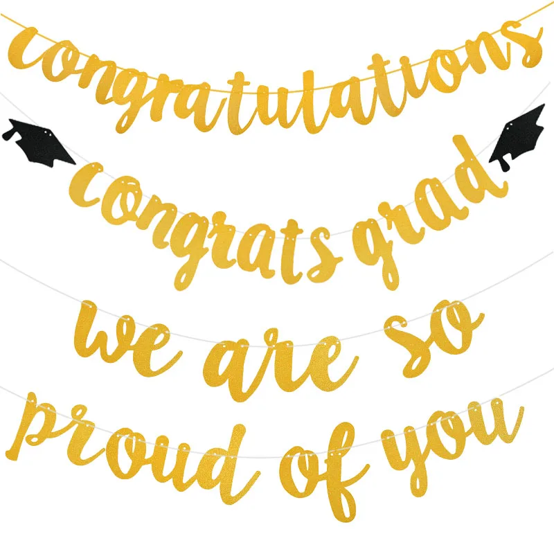 

We Are So Proud Of You Graduation Party Hanging Decoration Black Doctor Hat Backdrop Ornament Congrats Grad Golden Banner