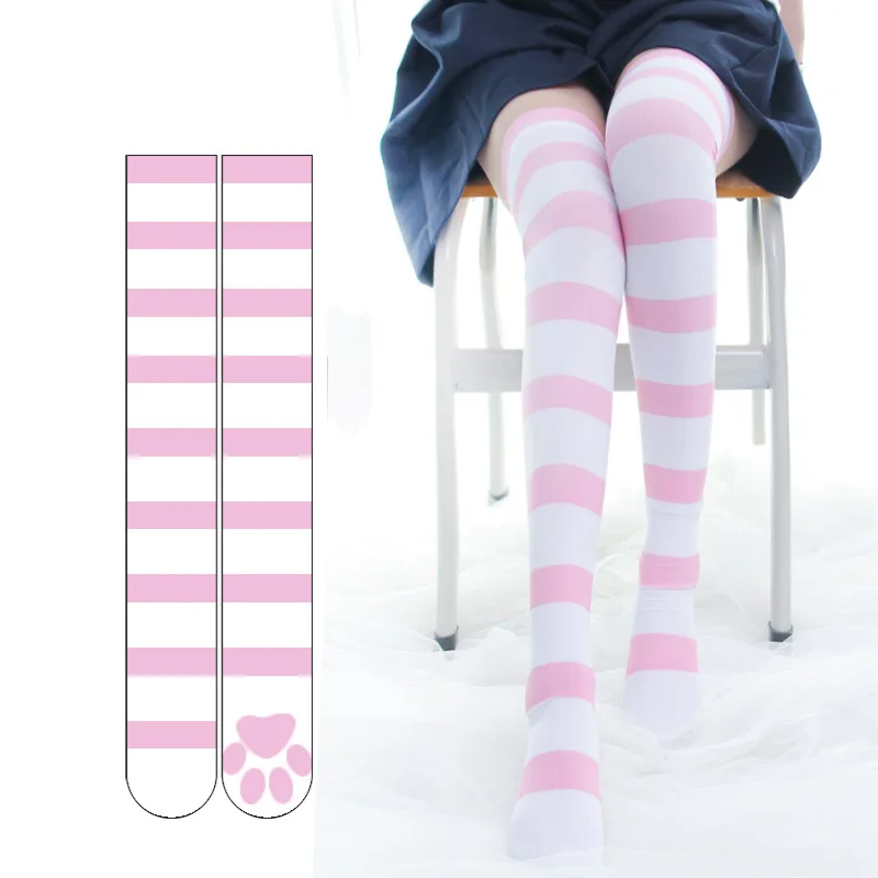 

Anime Cosplay Over Knee Socks Women Girls Pink Strip Cute Cat Paw Print Stockings Lolita Gothic Velvet Thigh High Long Stockings