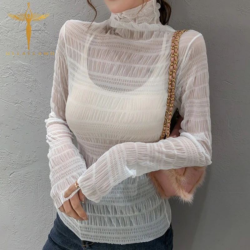 

Mesh See-Through Pleated Women's T-Shirt High Collar Long Sleeve Basic Lace Tee Tops Perspective High Street Sexy Female Tshirts