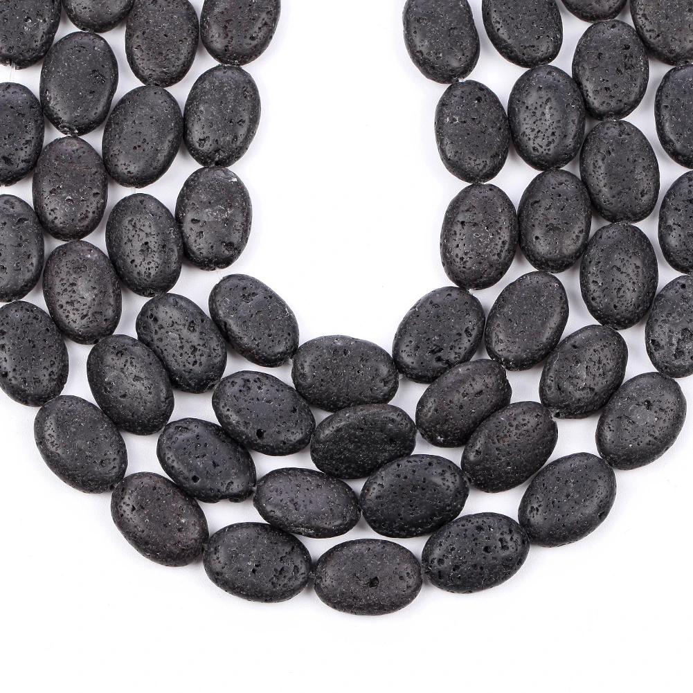 Бусины Из Натурального вулканического камня Плоские Овальные черные лавовые