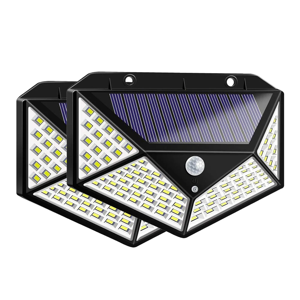 2pcs 100 LED 1 100 светодиодный светильник, четырехсторонний солнечный светильник, 3 режима, угол 270 градусов, датчик движения, настенный светильник, наружные водонепроницаемые садовые лампы - Испускаемый цвет: 2pcs 100 LED 1