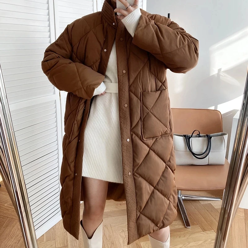 2021 New Winter Korean Style Long Cotton-padded Coat Women's Casual Stand-up Collar Argyle Pattern Oversized Parka Chic Jacket
