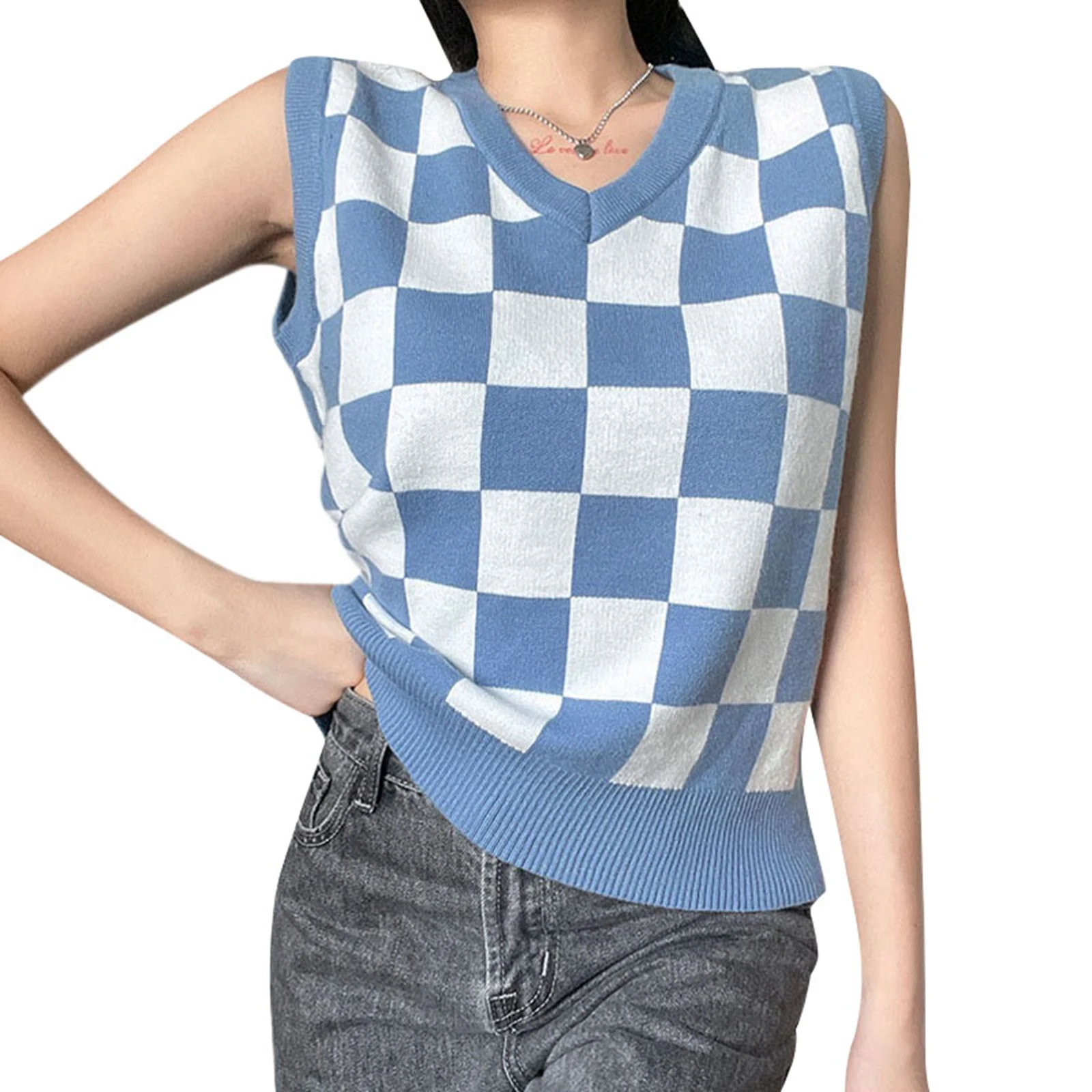 

Женский трикотажный жилет в клетку, синяя Свободная трикотажная одежда с принтом, V-образным вырезом, без рукавов, Размеры S/ M/ L, новинка для в...