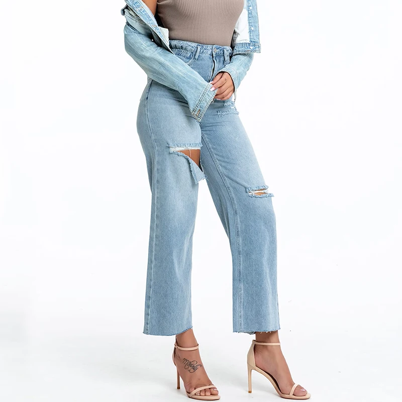 

Denimcolab 2021 Fashion Hole Straight Jeans Pants Women High Quality Elastic Waist Ripped Jeans Office Lady Casual Loose Trouser
