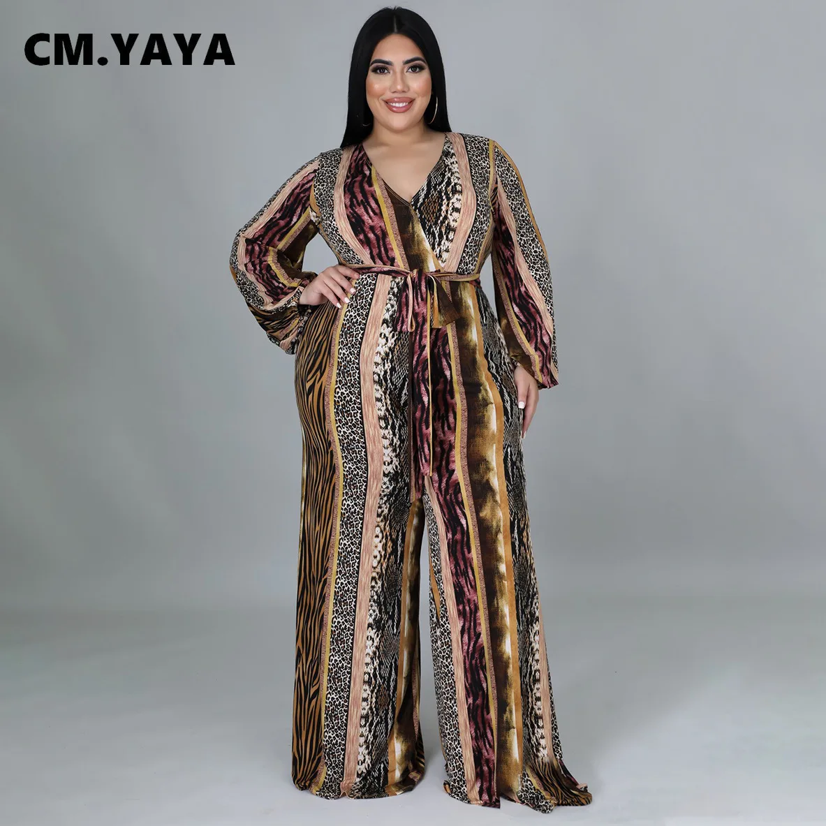 

Женский леопардовый комбинезон CM.YAYA, классический слитный комбинезон с длинным рукавом, V-образным вырезом и поясом, в винтажном стиле, Осен...
