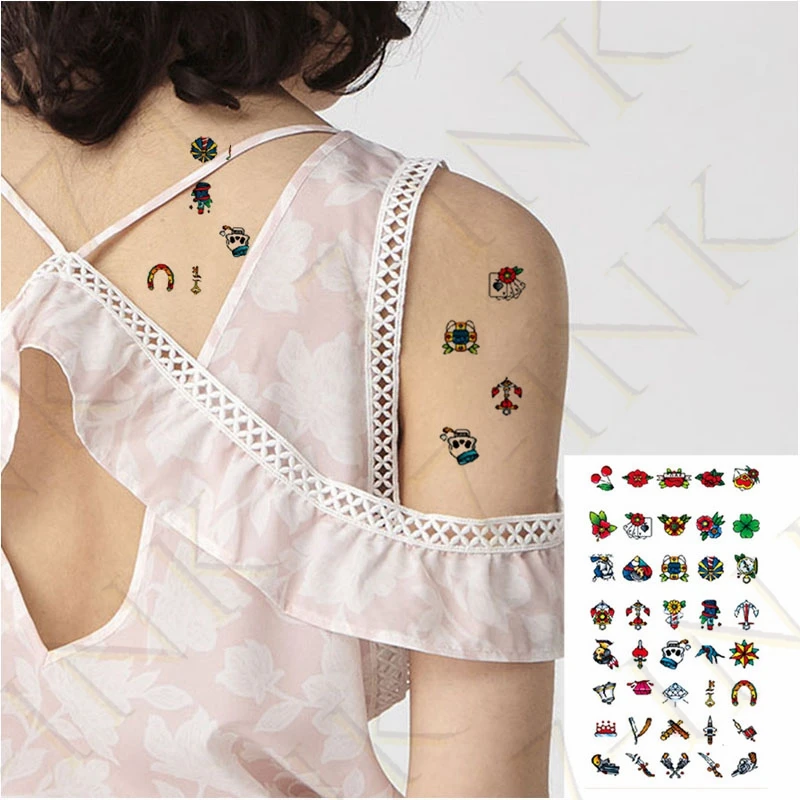 Водостойкая Временная тату наклейка старая школа цветочный пистолет нож якорь