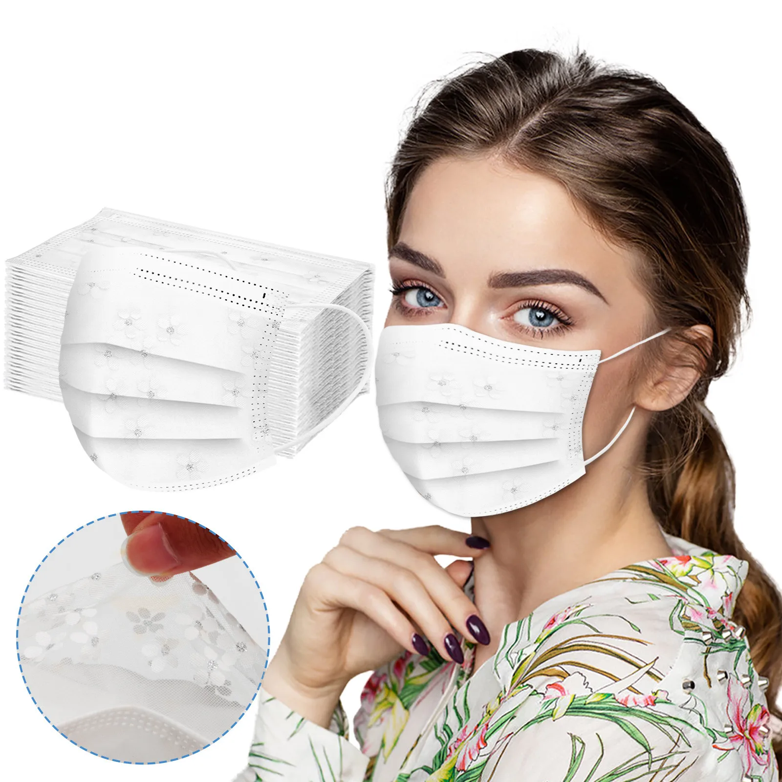 

Adult Lace Gauze Disposable Mask Star Print Sequins Face Cover Party Pink Mouth Caps Breathable Three Layer Mask Masks