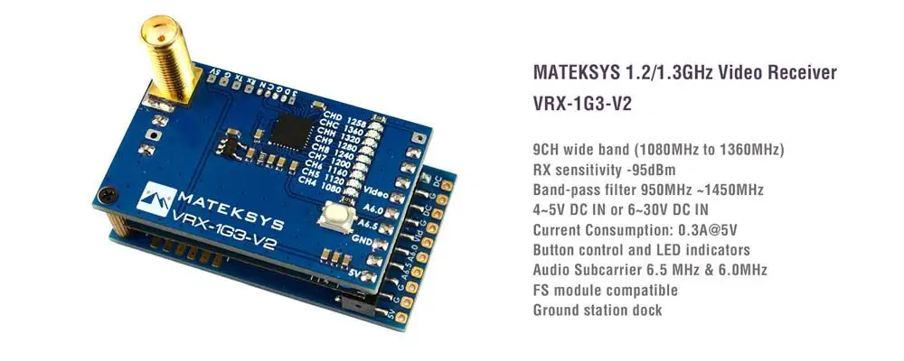 

AMYGOJJ MATEKSYS Matek System VRX-1G3-V2 1.2/1.3GHz 9CH Wid Band FPV Receiver Video Receiver RC FPV Drone Long Range