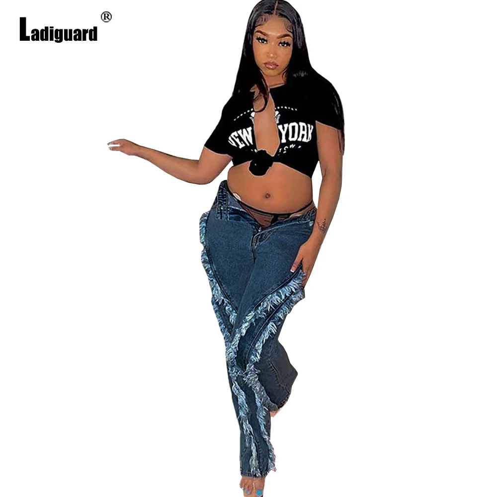 Ladiguard Women Skinny Jeans Vintage Fashion Zipper Pockets Denim Pants Ruffle Destroyed Pencil Pants 2021 New Sexy Ripped Jeans