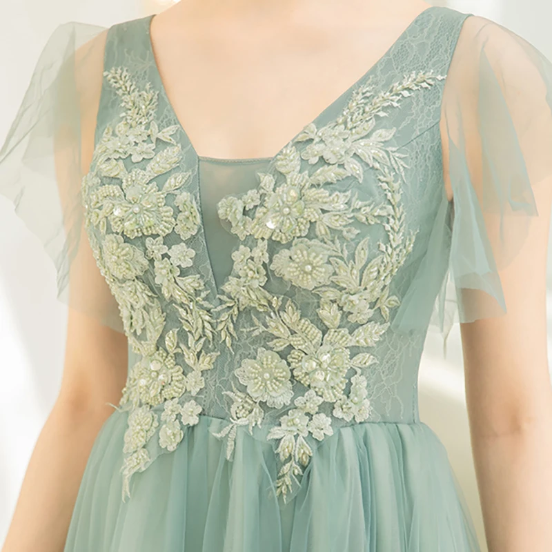 

Evening Dresses Illusion Square Collar Beading Pearls A-Line Sleeveless Embroidery Green Tulle Vintage Women Formal Gown TS510