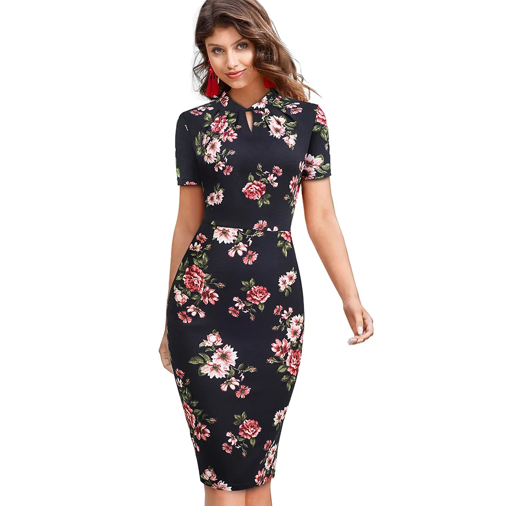 Black Floral Элегантная винтажная одежда с цветочным принтом, деловые вечерние платья бодикон карандаш, женское летнее платье B534 - Цвет: Black Floral