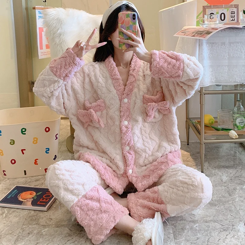 

Пижама для женщин, комплект из 2 предметов, новинка 2021, бархатная Пижама кораллового цвета, женская утепленная фланелевая Розовая Принцесса ...