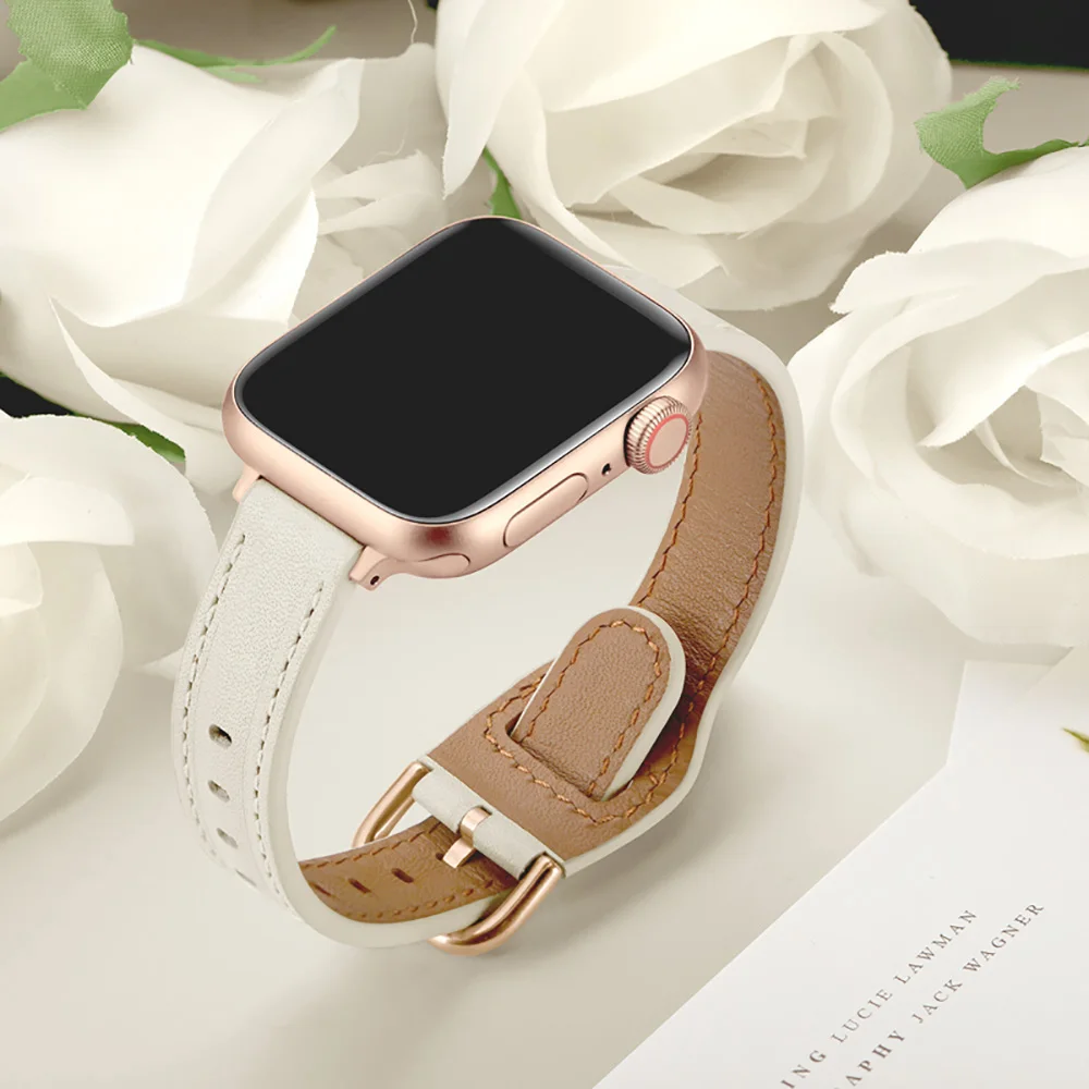 Genuine Leather Watch Strap For Apple Watch 38mm 42mm Wrist Bracelet Ladies Watch Band For Apple Watch Series SE 6 5 4 40mm 44mm