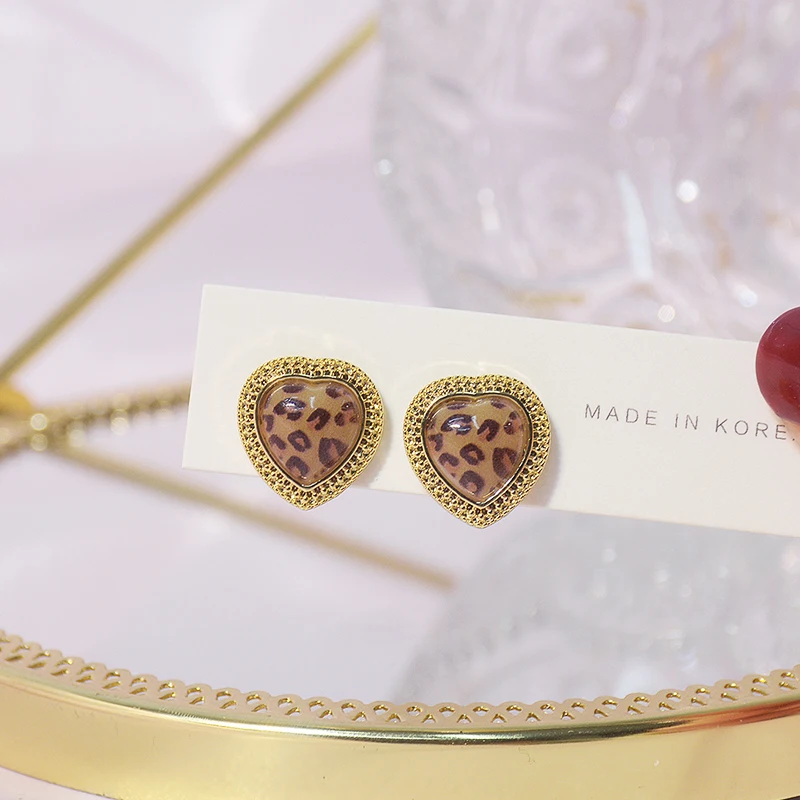 

Vintage Exquisite 14k Real Gold Jewelry Leopard Heart Shape Earrings for Women Luxury AAA Zirconia Stud S925 Silver Needle Gift