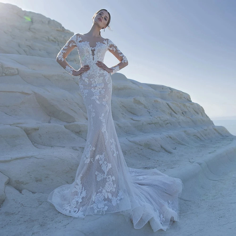 

Temperament Gorgeous Sexy Mermaid Long Sleeve Sequin Lace Applique Wedding Dress Sequin Fashion Customization