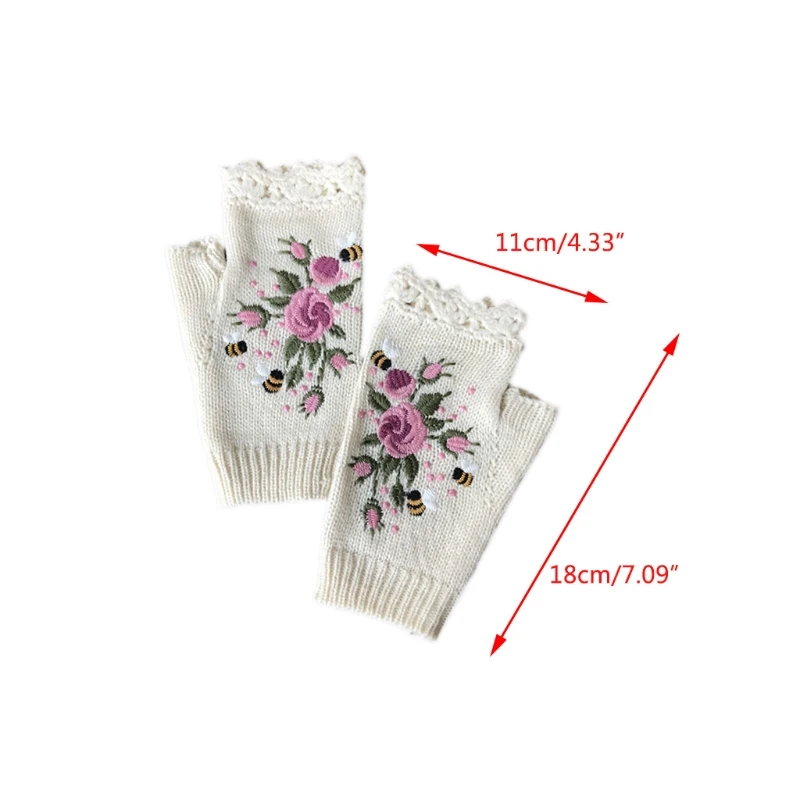 

Women Winter Crochet Knitted Fingerless Gloves Sweet Colorful Floral Bee Embroidery Thumbhole Texting Mittens Stretchy Arm Warm
