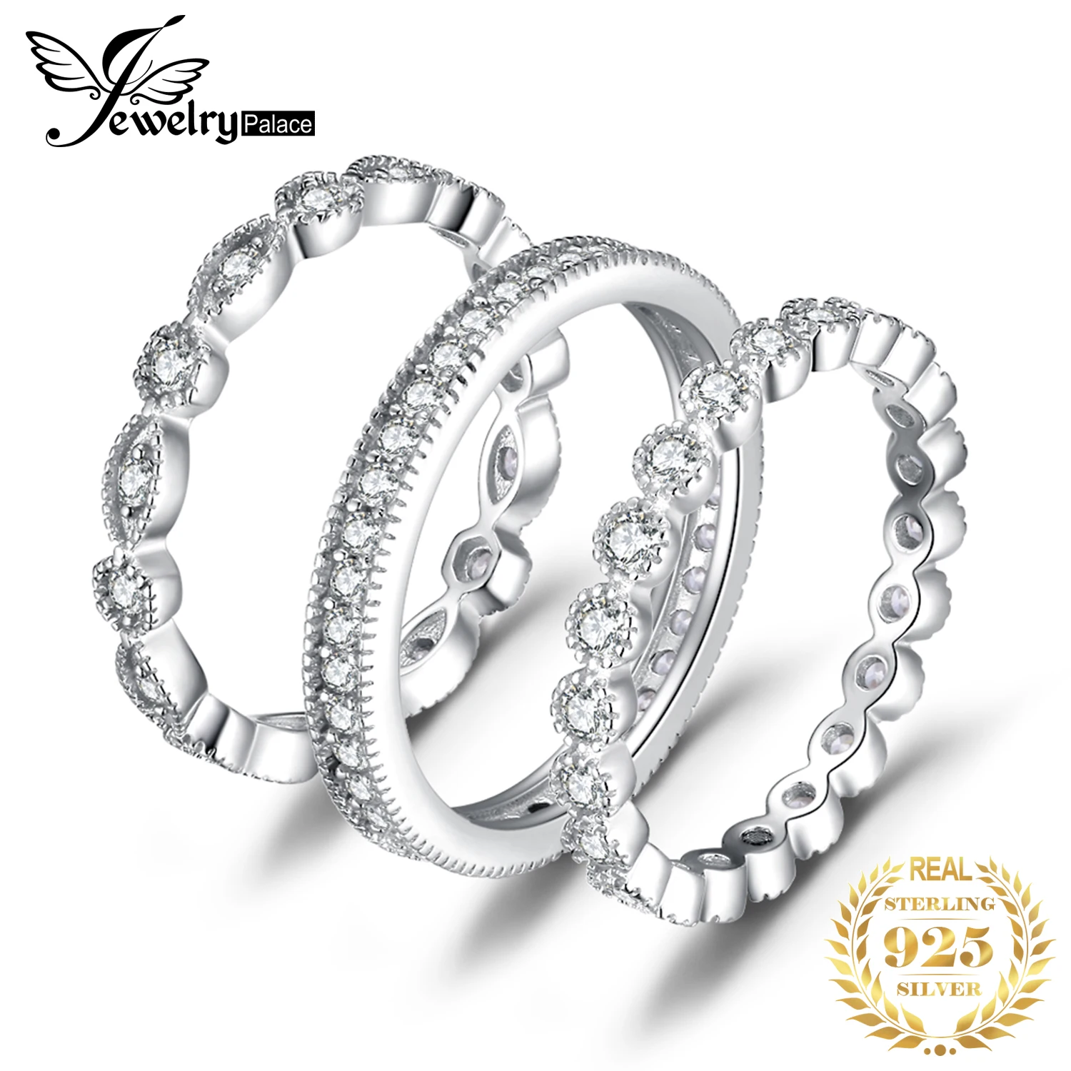 JewelryPalace 925 Sterling Silver Ring Cubic Zirconia Stackable Set Wedding Band Rings Simulated Diamond for Women | Украшения и