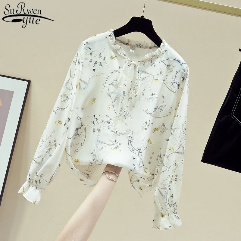 

New Autumn Women Clothes Lace-up Floral Chiffon Blouse Long Sleeve Women's Shirt All-match Printed Top Female Pullover 11147