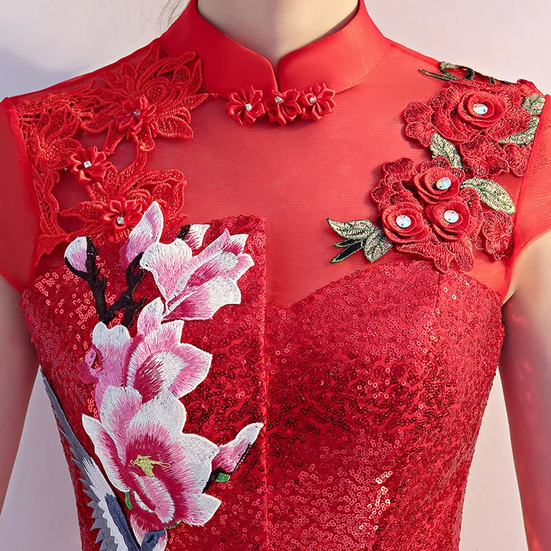 Красное женское вечернее Ципао длиной до щиколотки свадебное платье элегантное