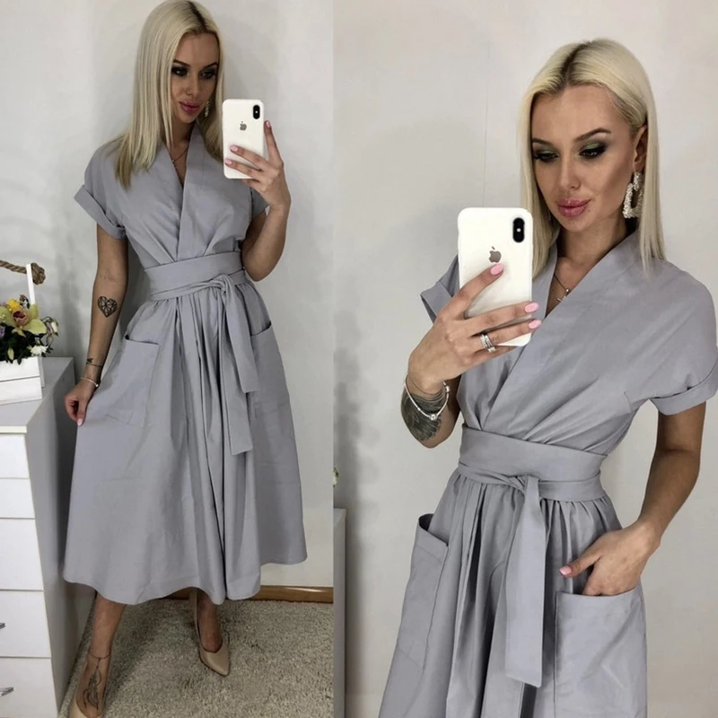 

2020 New Fashion Summer Solid Elegant Midi Dress Women Casual Sashes A-line Party Dress Office Ladies V Neck Short Sleeve Dress