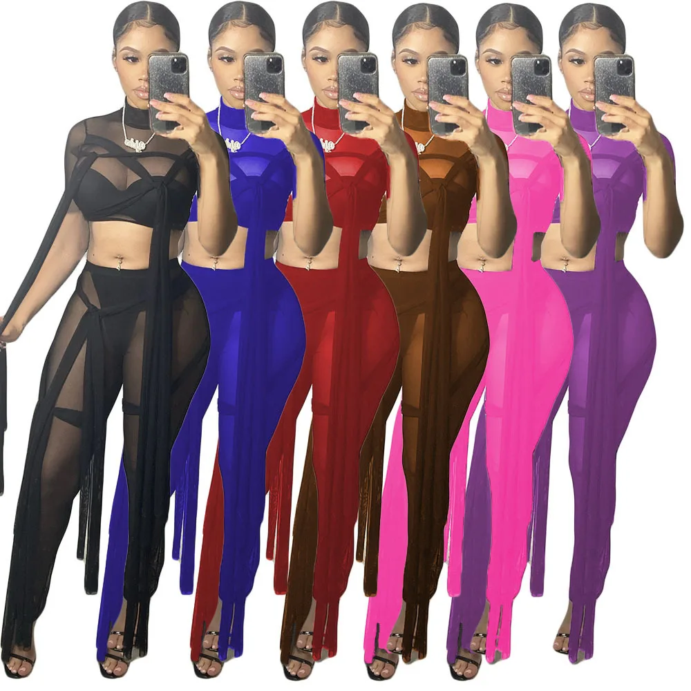 

Cutubly Short Sleeve Two Piece Set For Women Sexy See Through Solid Crop Top Womens Set Mesh Sheer Straps Pants Sets Party Club