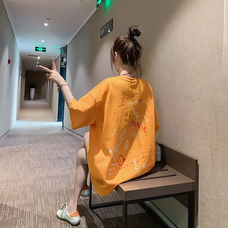 

Pure Cotton Summer Mid-Length Loose Short-Sleeved T-Shirt Women'S New Year Korean Version Of The Net Red Student Shirt