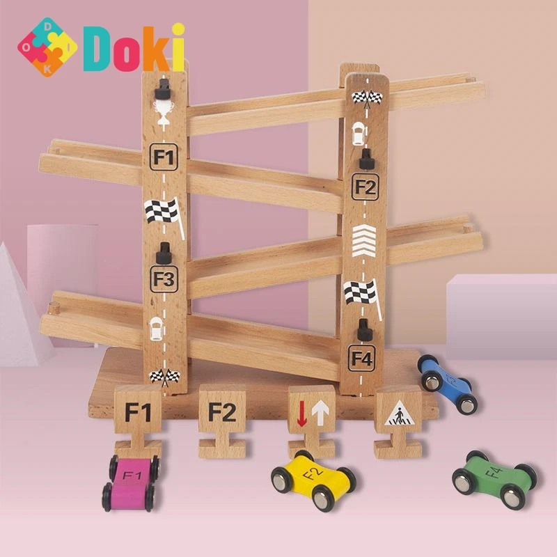 

Kids Montessori Wooden Ladder Gliding Car Wooden Slot Track Car Toys Educational Toys Model Vehicles Slide Toy For Children Gift