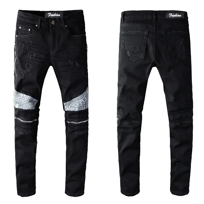 

America Brand Nightclub Style Black Italy Jeans Luxury Men Denim Trousers Knee Zipper Patchwork Slim Jeans Pencil Pants For Men