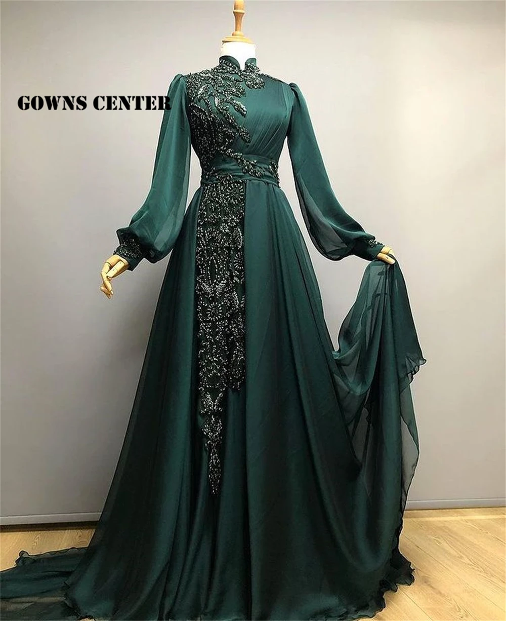 

Elegant Dark Green Muslim Evening Dress Long Sleeves Dubai Turkey Beaded Party Dresses A Line Formal Gown robe de soirée femmel