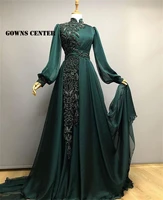 elegant dark green muslim evening dress long sleeves dubai turkey beaded party dresses a line formal gown robe de soir%c3%a9e femmel