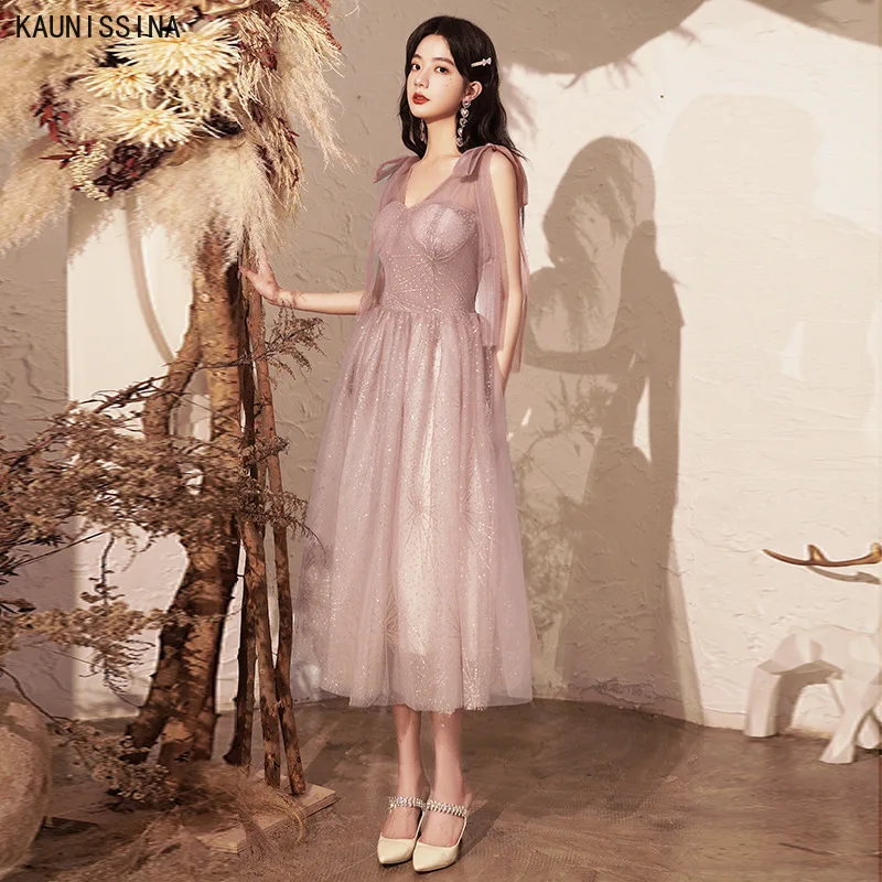 

Розовые вечерние платья KAUNISSINA, вечерние платья на день рождения, выпускные, с V-образным вырезом, без рукавов, а-силуэт, блестящее официальное платье