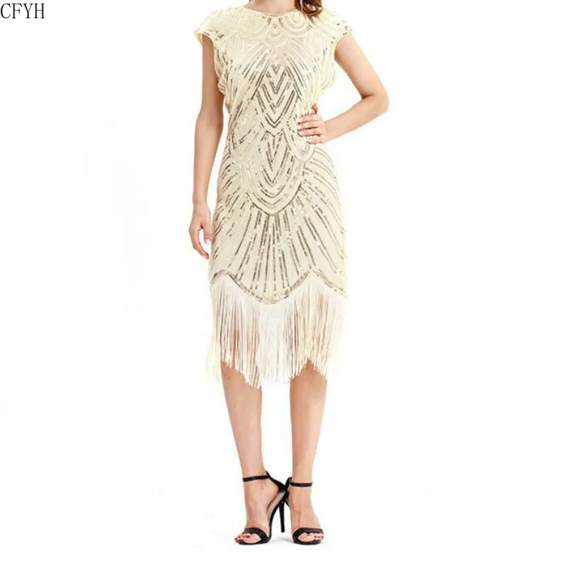 Женское винтажное платье Great Gatsby 1920 года, платье с блестками, с круглым вырезом, с кисточками, облегающее, с бисером, макси, вечерние платья, длинные платья