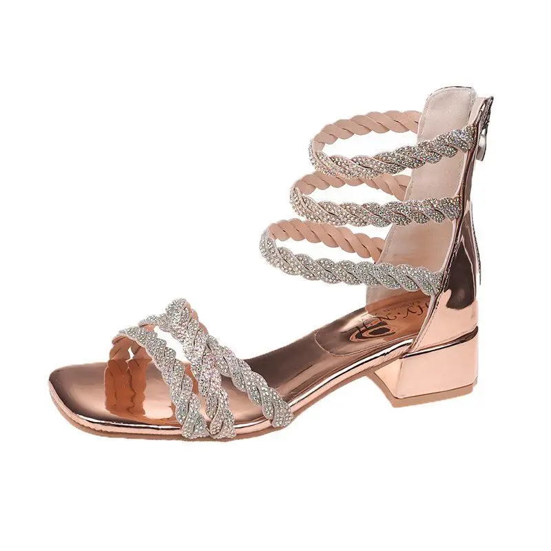 

Summer Fashion Casual Roma Shoes for Women 2021 Low Heel Comfortable Sandals Zipper Rhinestones Open-toed Slippers Sexy Heels