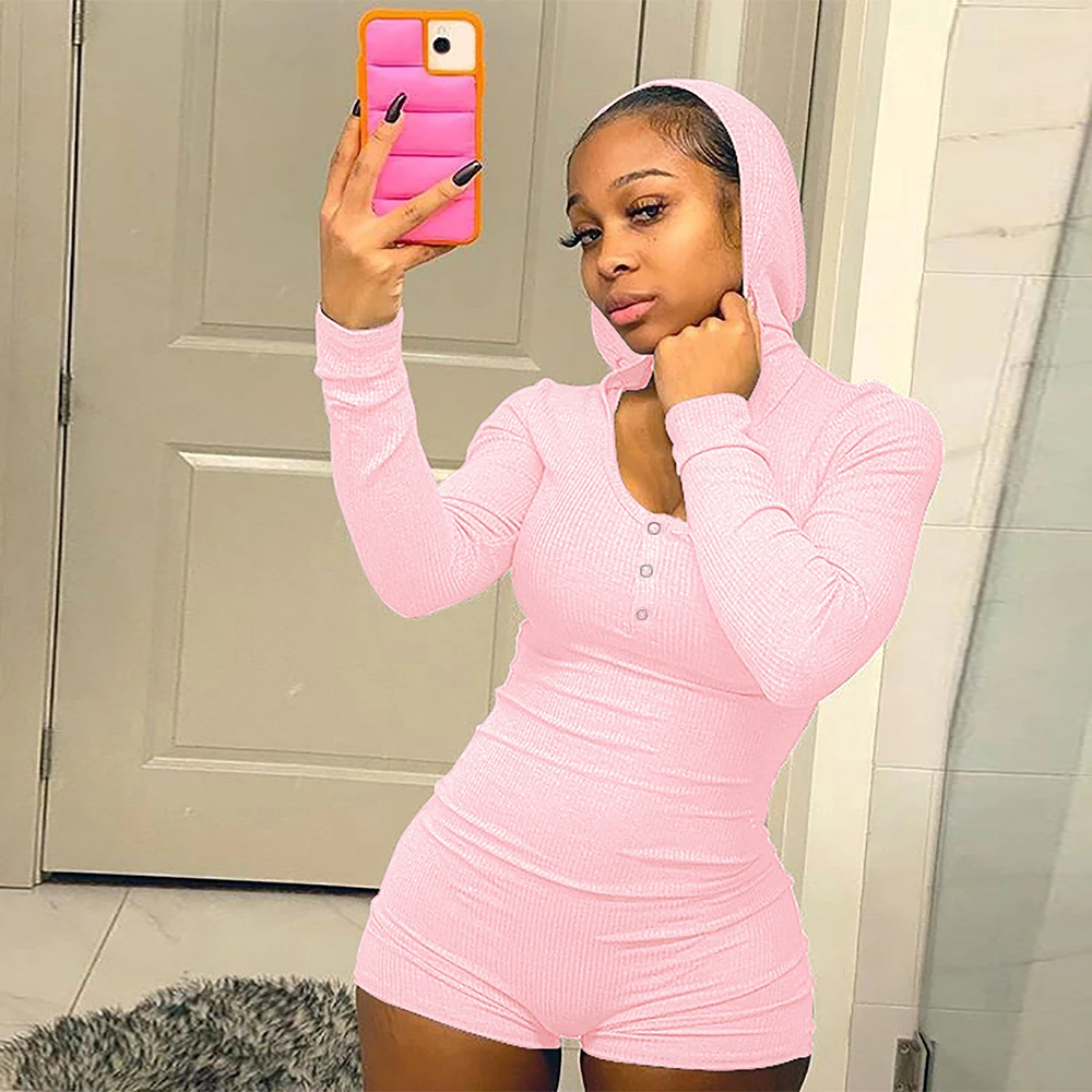 Сексуальные женские облегающие брюки с длинным рукавом и капюшоном на пуговицах