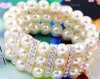 fashion three rows whitericewhite glass pearl beads stretchy bracelet with clear rhinestone accessory one piece pbb1004