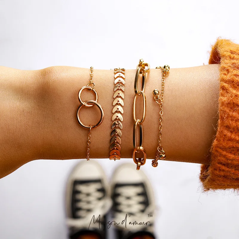 

Wholesale Good Quality Punk Goth Modern Gold Alloy Geometric Design Charm Bracelet 4pcs Set for Women Fashion Gift.