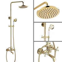 gold color brass two cross handles wall mounted bathroom rain shower head bath tub faucet set telephone shape hand spray mgf354