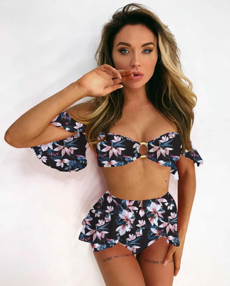 

High Waist Tong Bikini 2020 New Ruffle Swimsuit Women Off-Shoulder Swimwear Push Up Beachwear Flounce Bandeau Bikinis Set Female