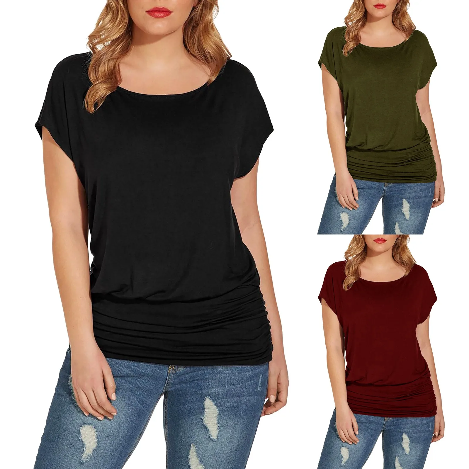 

Блузка женская однотонная с круглым вырезом, Модный повседневный топ свободного покроя, приталенный, с коротким рукавом, гладкая текстурна...