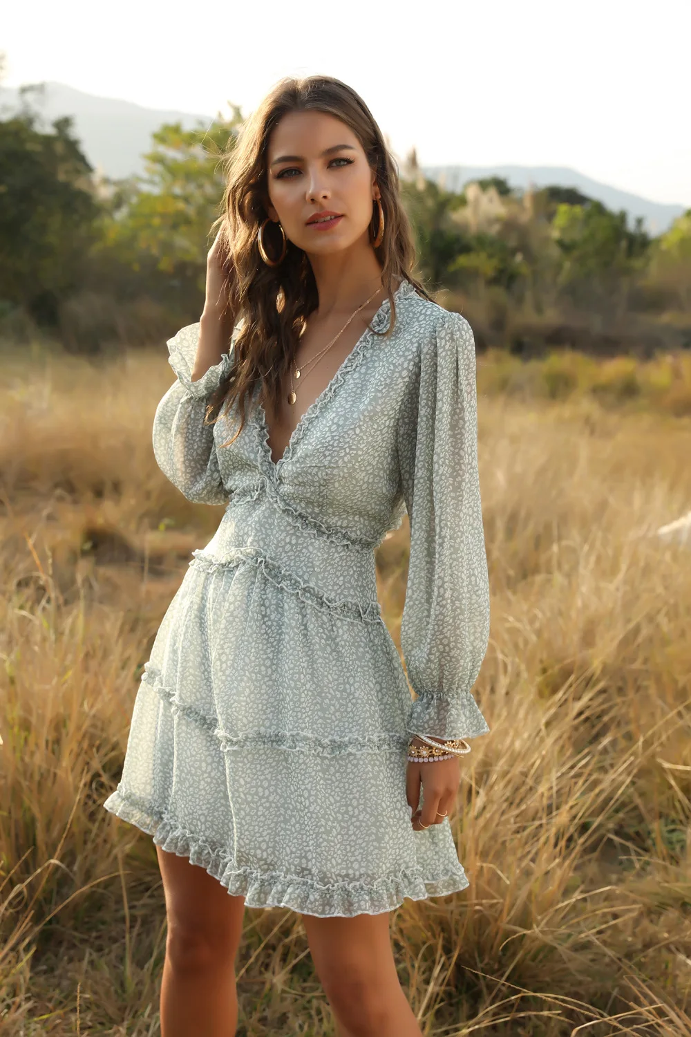 

Summer Dress Casual dress Women's Clothing Fashion Short Floral Chiffon Dress Summer 2021 New V-neck Cake Dress Women Clothing