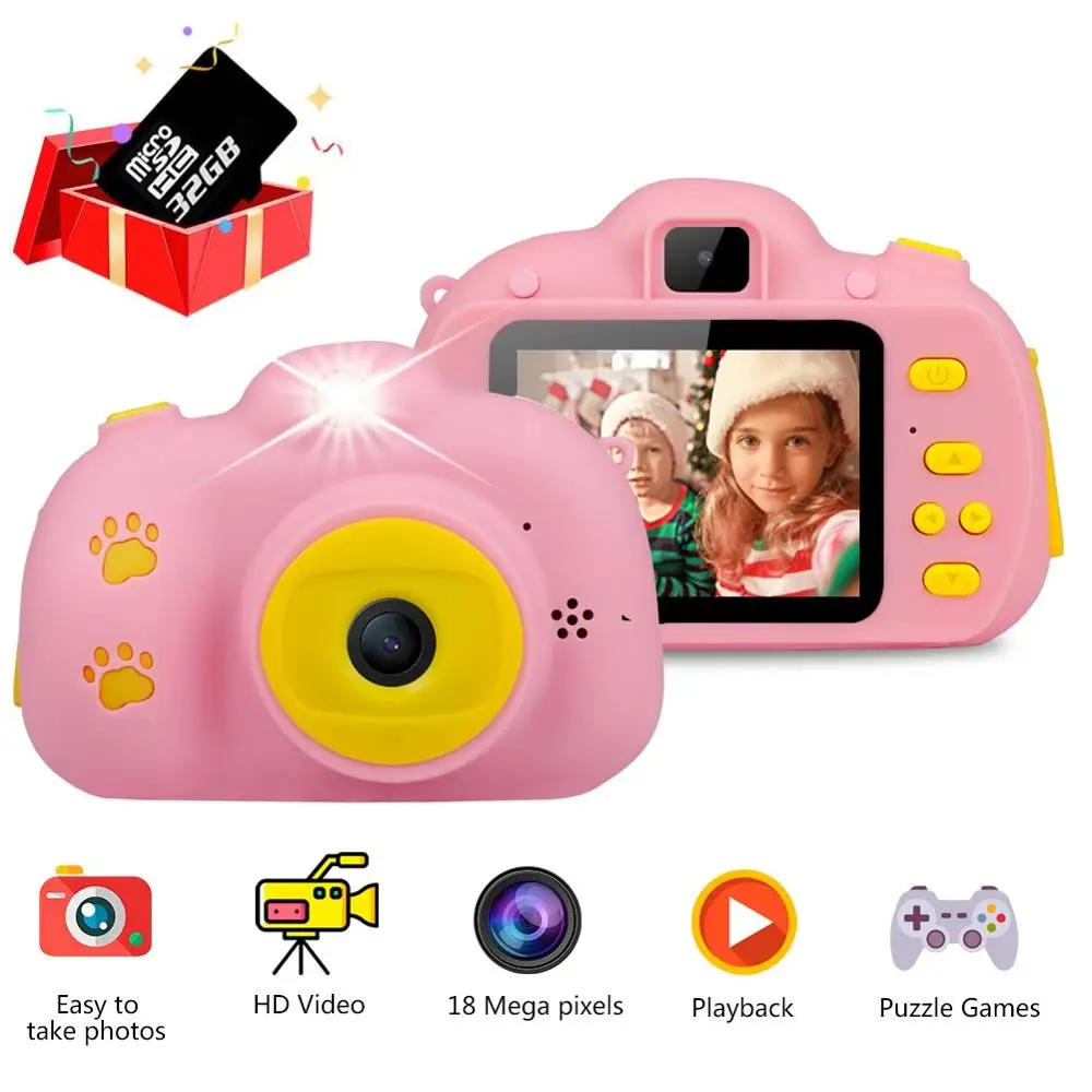 Детская камера, игрушки для детей, цифровая камера 18 МП HD с картой 32G, экран 2,4 дюйма, двойная Селфи, видео игра, видеокамера, игрушки для детей