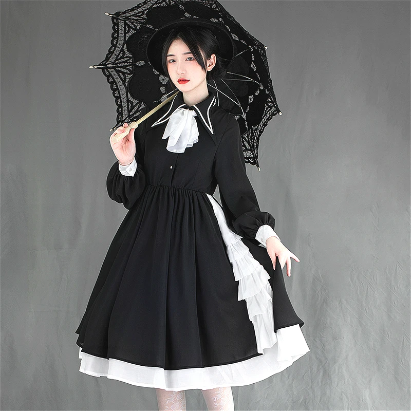Женское шифоновое платье Лолита черное милое Повседневное с длинным рукавом в