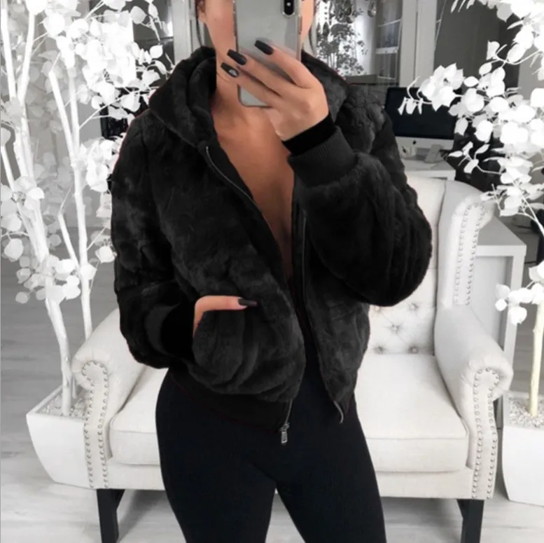 2021 Women Winter Faux Fur Plush Jacket Fashion Hooded Short Coat Zipper Loose Long Sleeve Women Cardigan Warm Streetwear