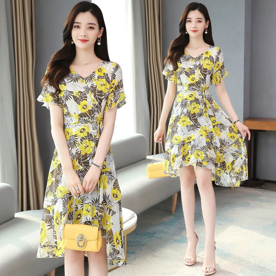 2021 Лето Высокое качество печати шифоновое пляжное платье миди платья для женщин