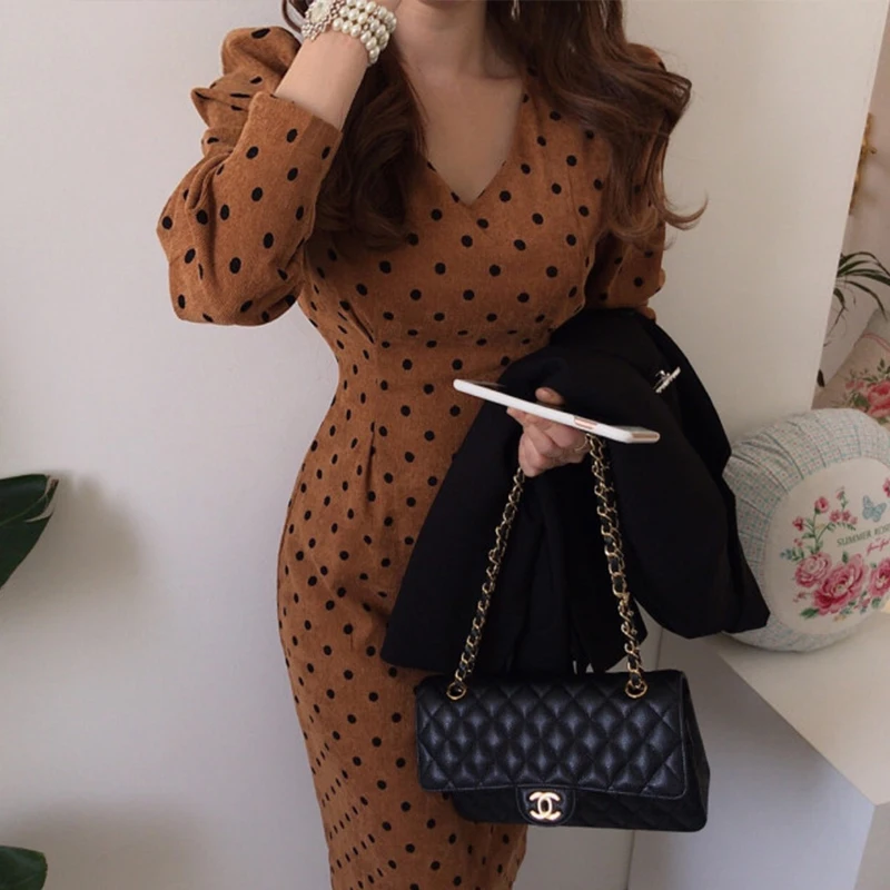 

Maihokan 2020 French Style Spring Autumn Women Casual Polka Dot Print A-Line Party Corduroy Dresses Eleagnt Lace-Up Slim Fashion
