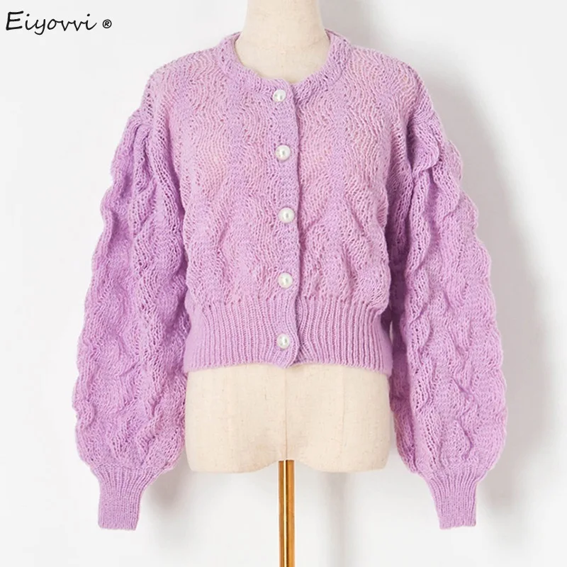 

2021 Autumn Winter Women's Cardigan New Thick Needle Button Rope Hollow Pearl Button Lantern Sleeve Knitted Sweater Casual Tops