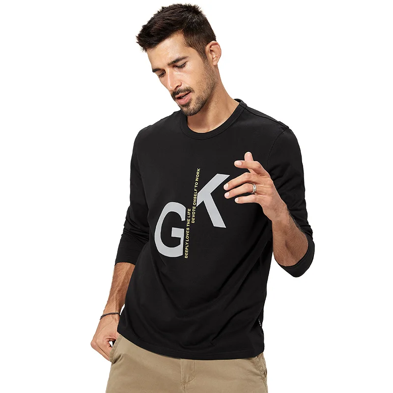 

KUEGOU 100% Cotton T-shirt men autumn Streetwear Letter printing tshirt fashion Men's t shirt long sleeve top plus size ZT-88075